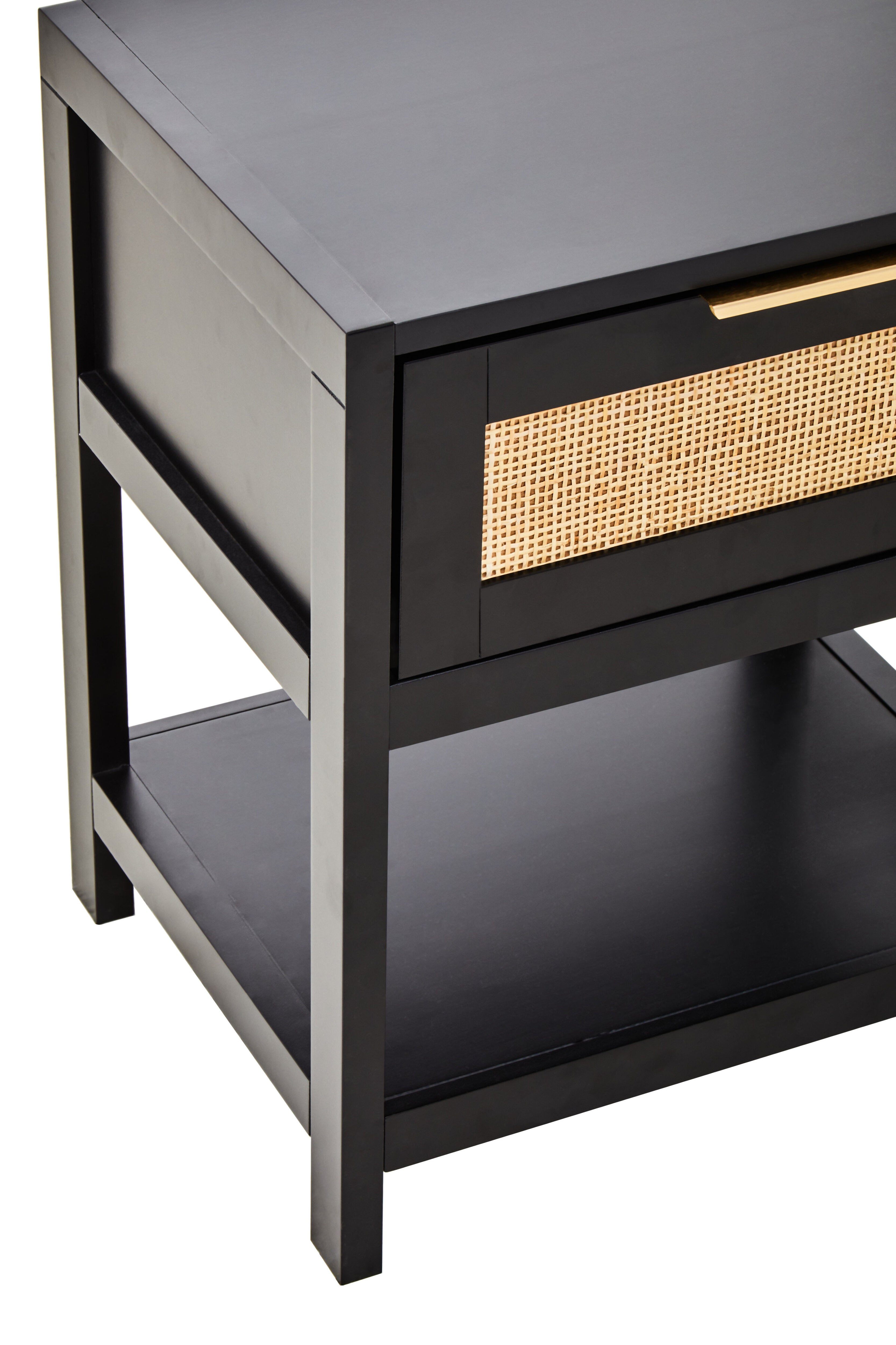 Burwood Black Wood & Rattan Bedside Table | 1 Drawer